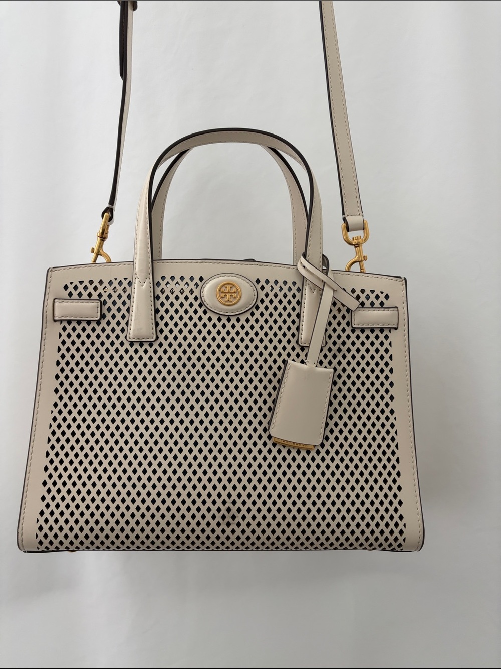 Tory Burch Perforated Leather Satchel in Beige with Gold Hardware
